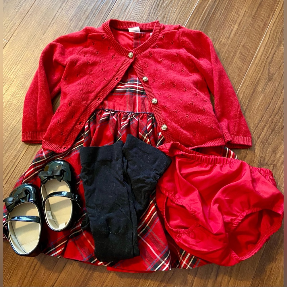 Carters plaid dress with cardigan and shoes